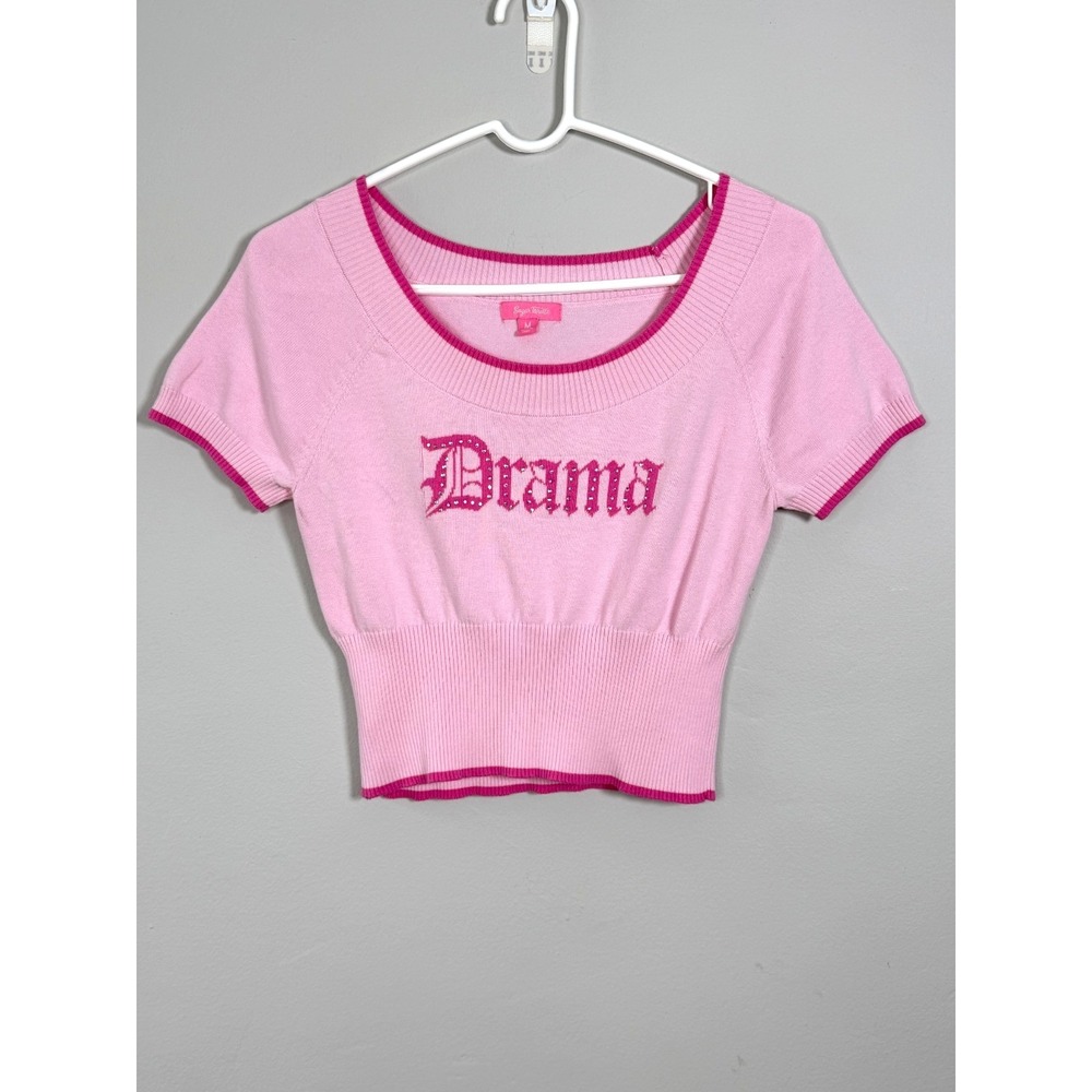 Dolls Kill Sugar Thrillz Crop Sweater Top Pink M "DRAMA" Graphic‎ Embellished
